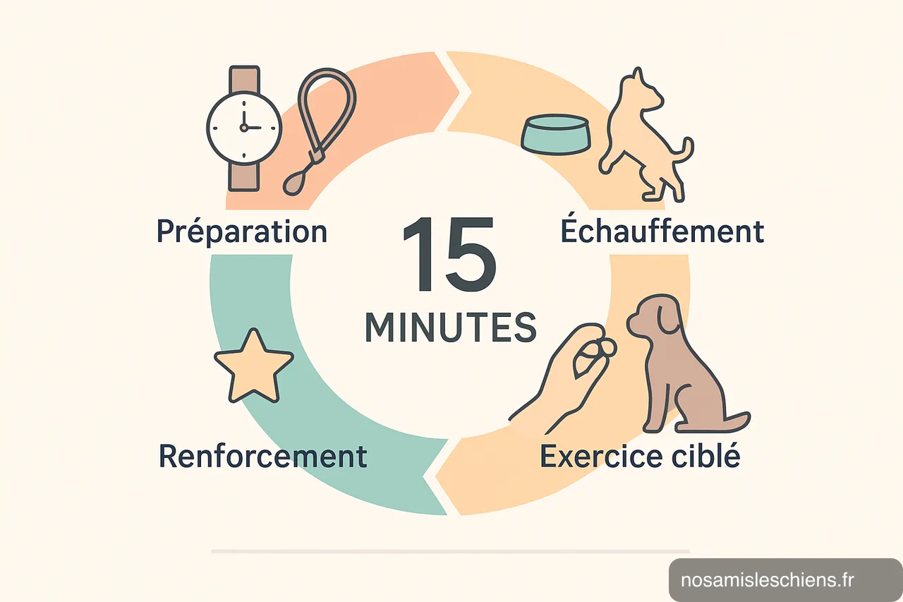 Schéma en quatre blocs montrant la décomposition d'une séance d'entraînement canine de 15 minutes