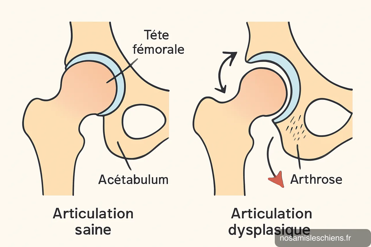 Schéma comparatif d’une hanche canine saine et dysplasique montrant tête fémorale, acétabulum, laxité et arthrose