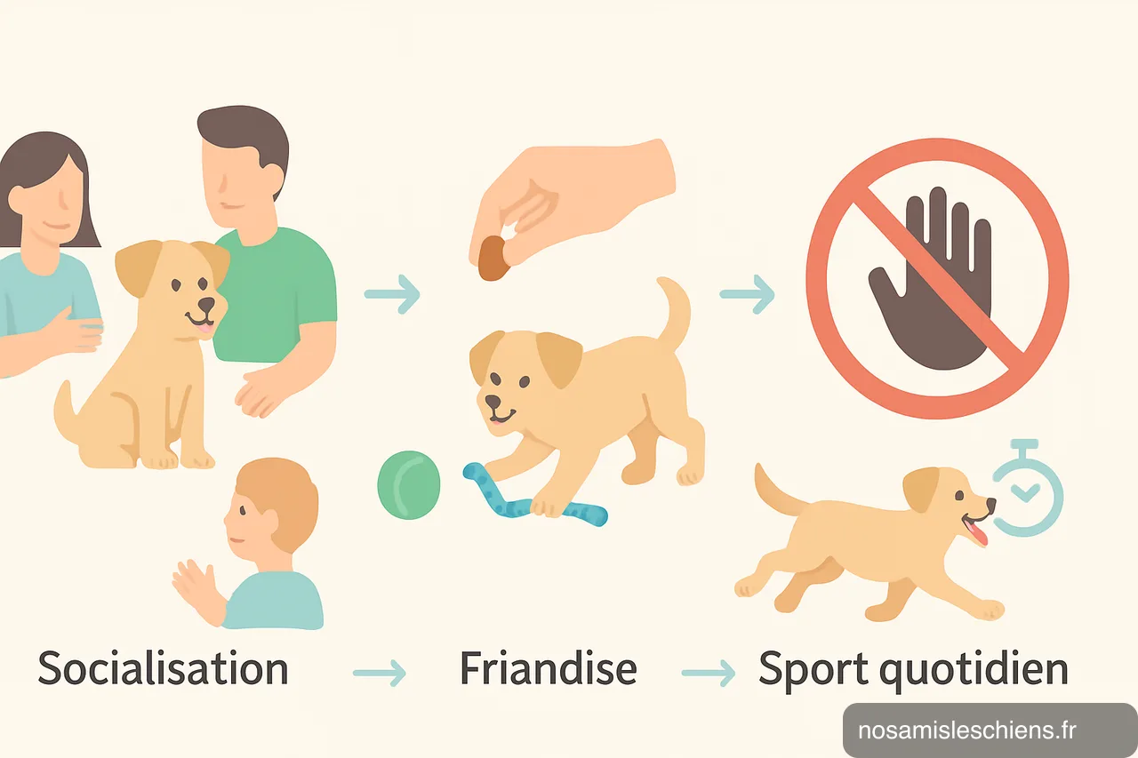 Schéma en 4 étapes montrant socialisation, friandise, jeu et sport quotidien pour éduquer un cocker