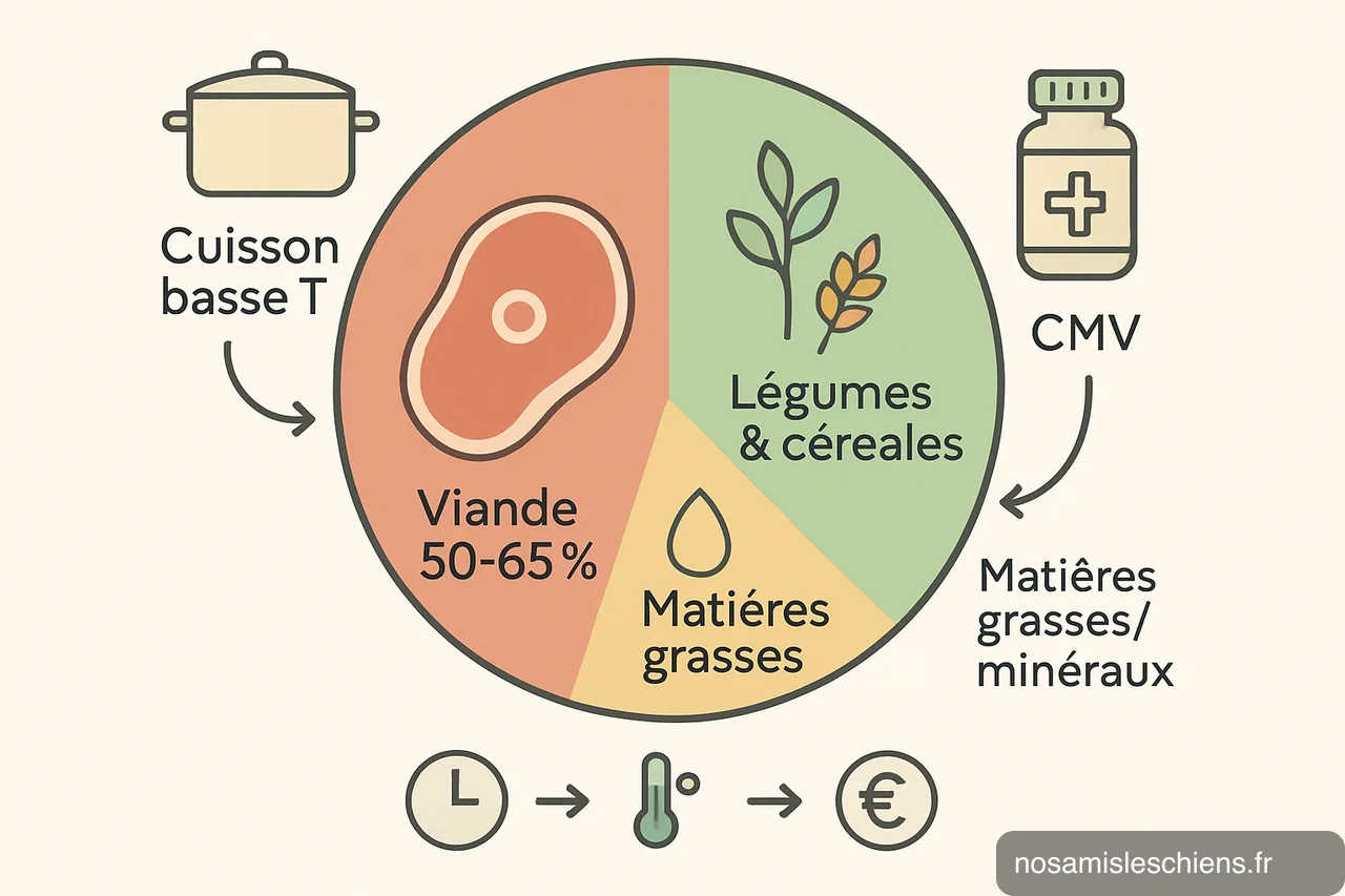 Schéma pédagogique montrant la composition, la cuisson basse température et la complémentation d'une ration ménagère pour chien