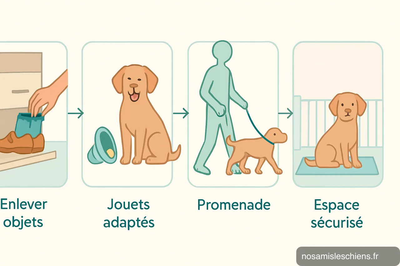 Quatre vignettes montrant ranger objets, offrir jouet, promener le chien et sécuriser l'espace