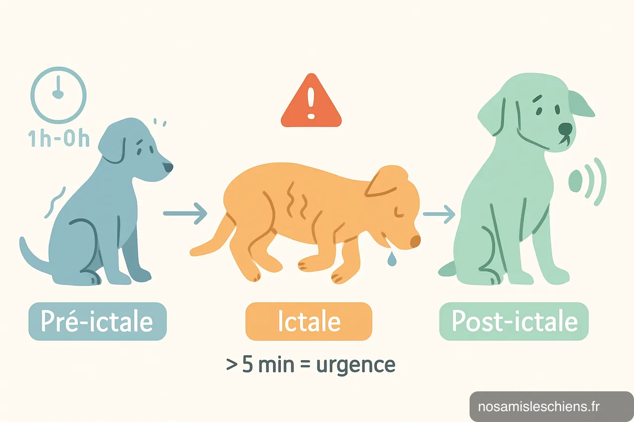 Schéma en trois étapes montrant pré-ictale, ictale et post-ictale chez un chien