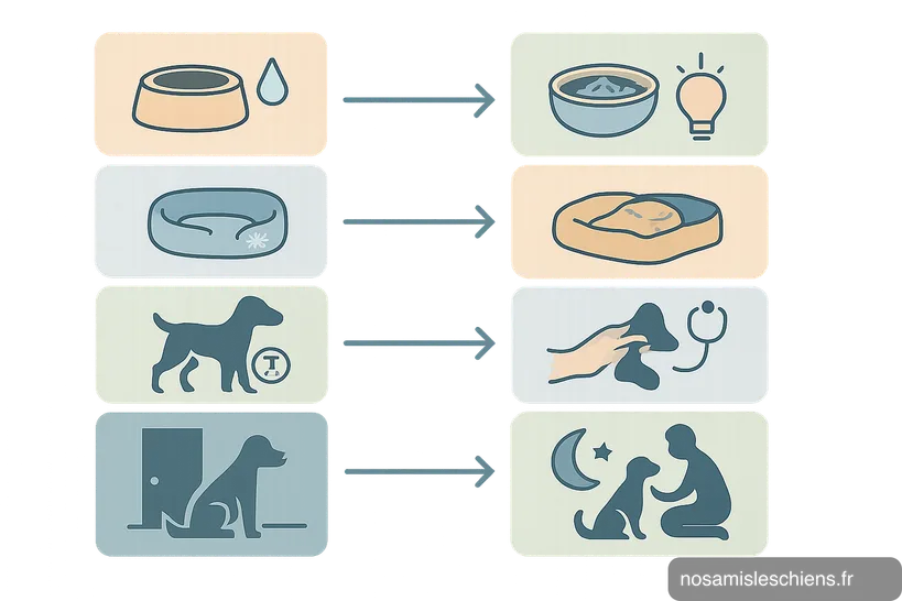 Schéma causes et solutions pour un chien qui pleure la nuit, icônes reliées par flèches