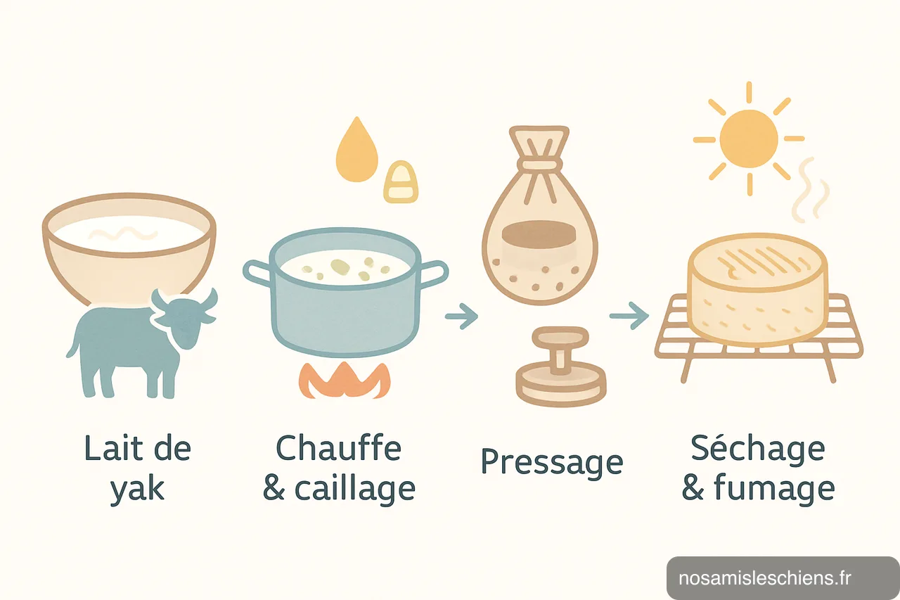 Schéma en 4 étapes montrant la transformation du lait de yak en fromage très dur