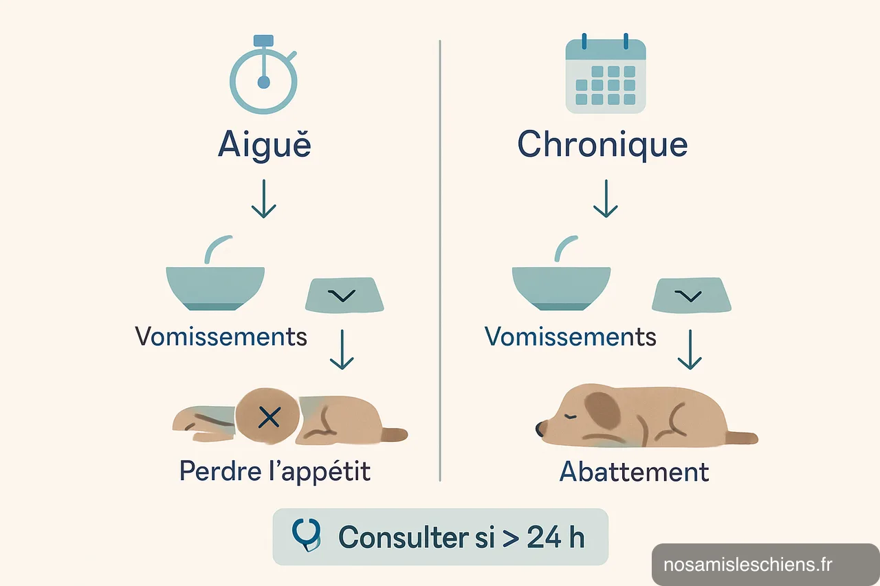 Schéma comparant gastrite aiguë et chronique chez le chien avec pictogrammes de symptômes et indication de consultation