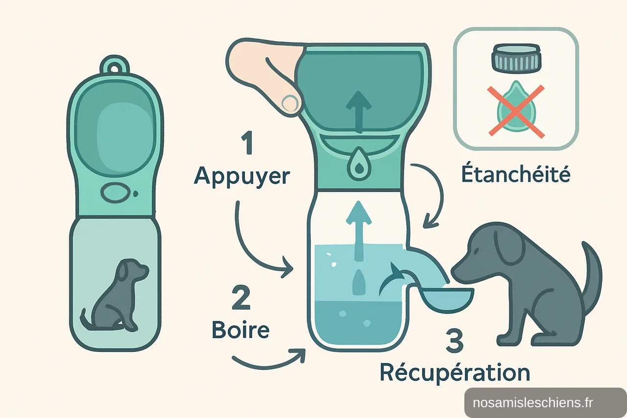 Schéma explicatif d'une gourde à cuvette intégrée montrant pression pour remplir, chien qui boit et retour de l'eau non consommée