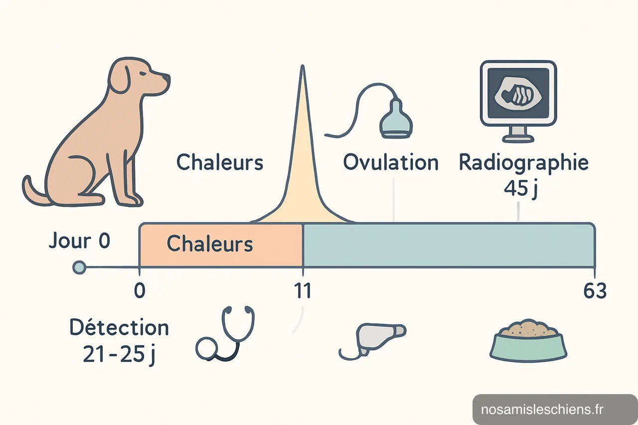 Frise chronologique montrant les jours clefs du cycle et de la gestation canine avec examens et modifications alimentaires.