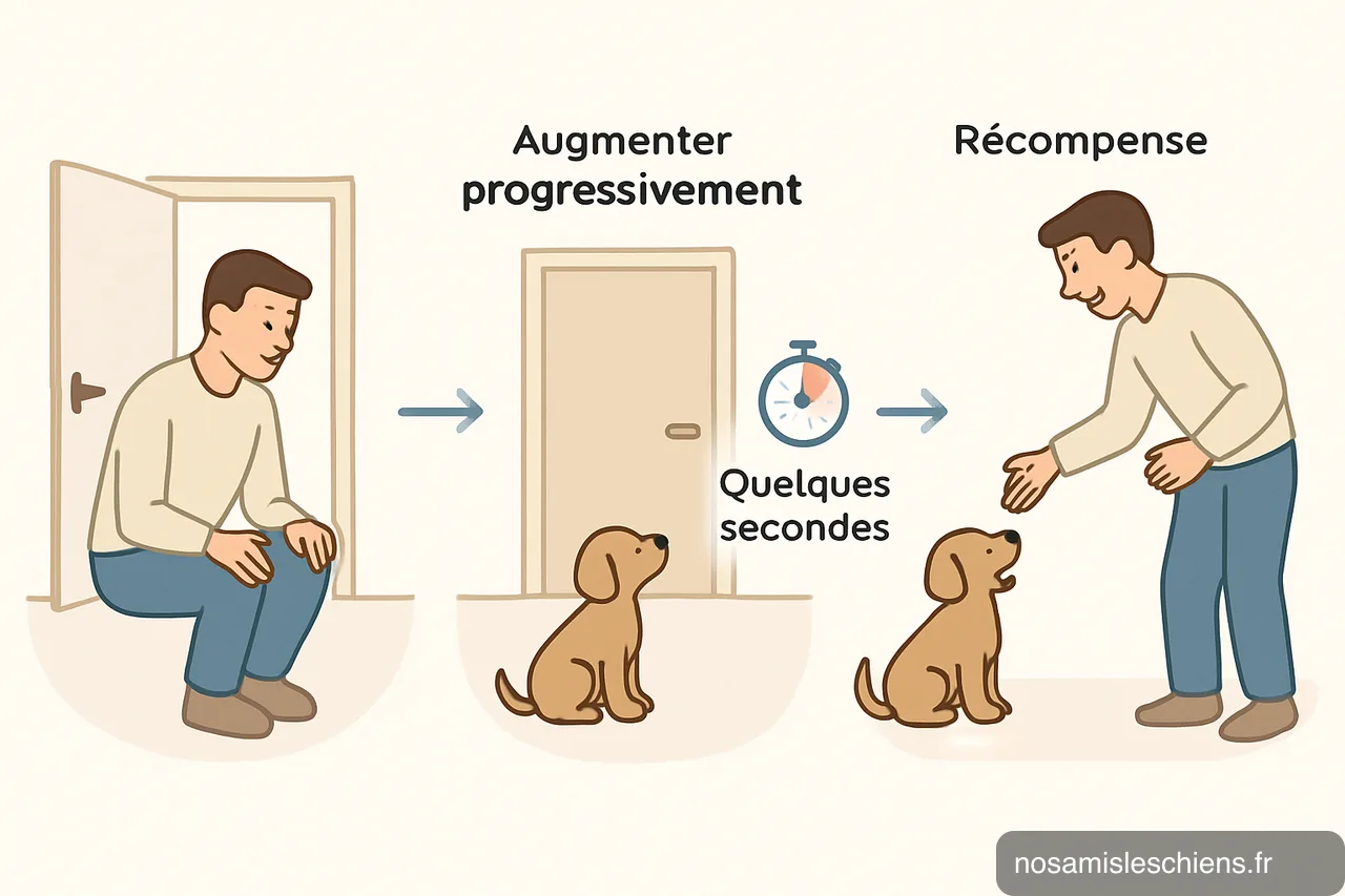 Schéma en 3 vignettes montrant l'entrée, la sortie brève et la récompense du chiot.