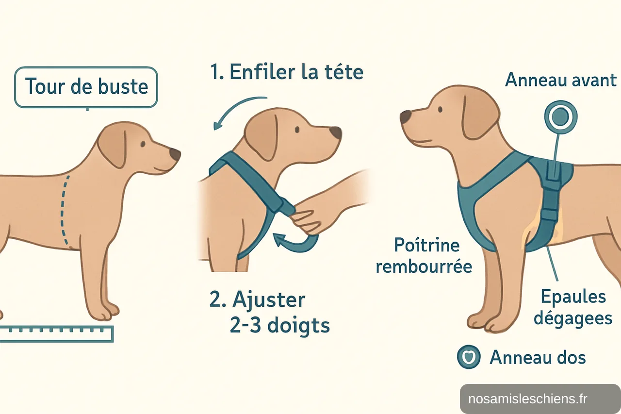 Schéma en trois vignettes : mesurer le tour de buste, enfiler et régler le harnais, et localisation des attaches avant et dos.