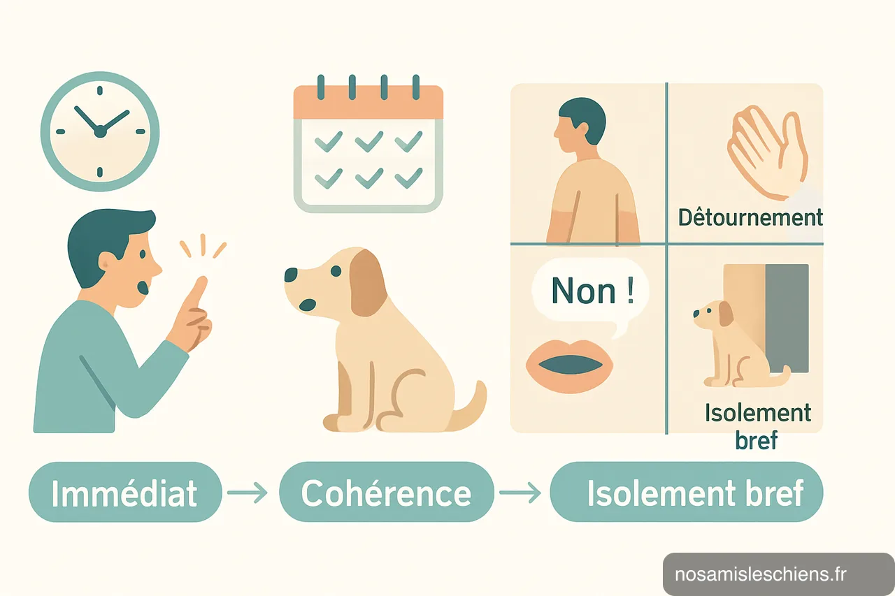 Schéma en trois étapes montrant : réaction immédiate, cohérence, puis méthodes non violentes (ignorer, isolement bref).