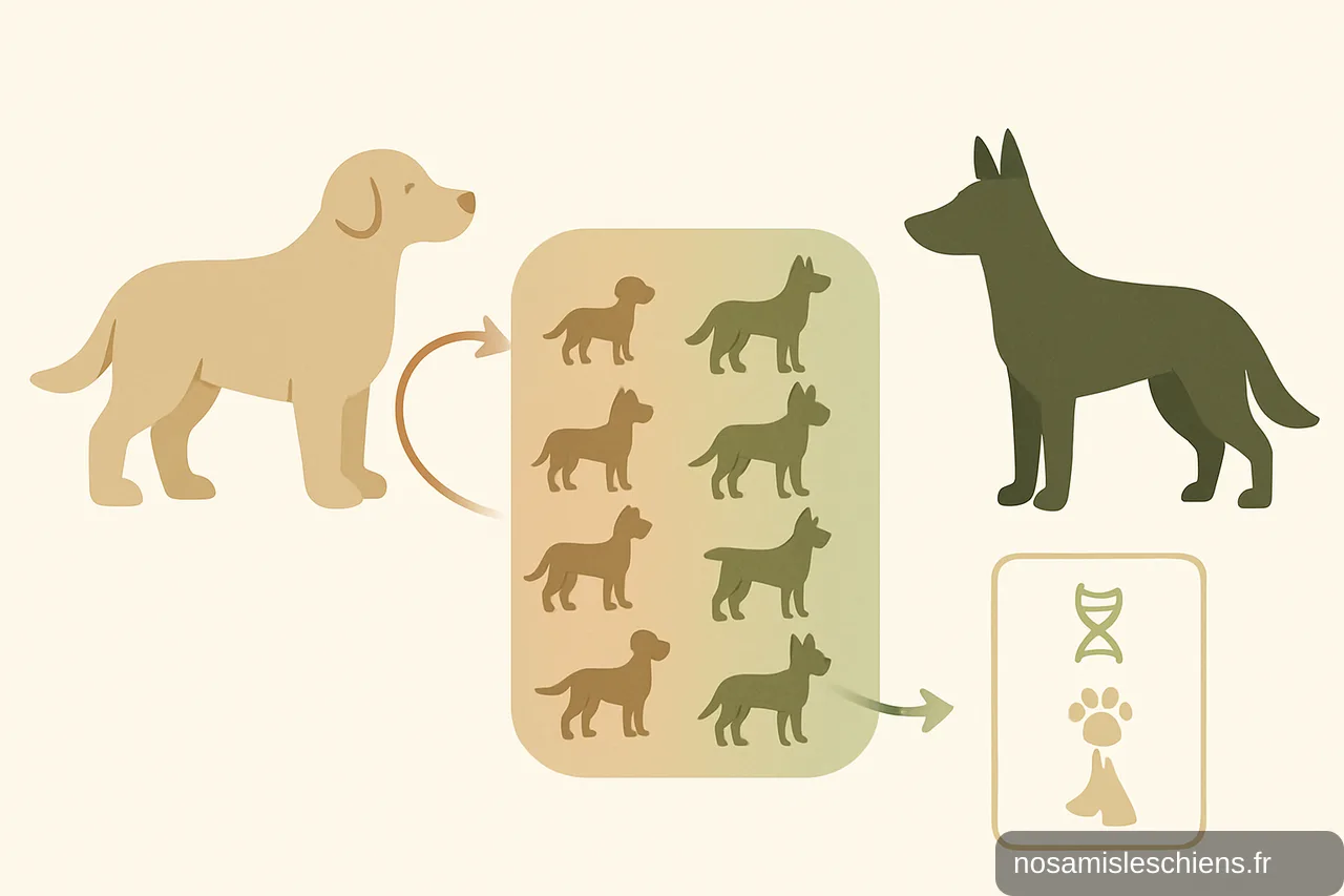 Schéma montrant deux parents labrador et malinois et une zone centrale illustrant des chiots au physique variable