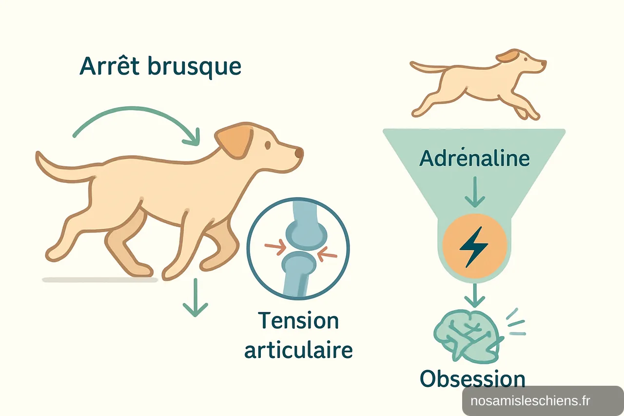 Schéma pédagogique montrant arrêts brusques stressant les articulations et flux menant à adrénaline puis obsession