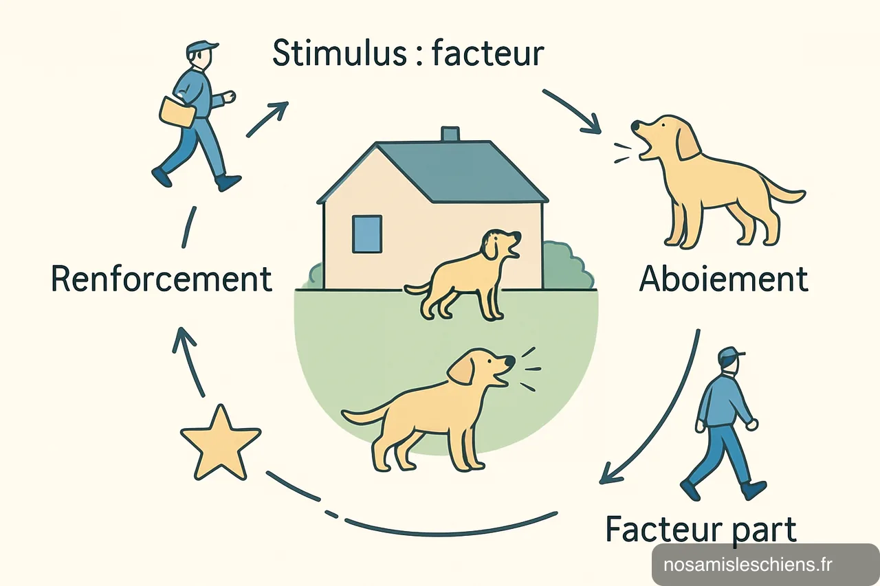 Schéma circulaire montrant boucle stimulus‑réponse de l'aboiement renforcé par le départ du facteur