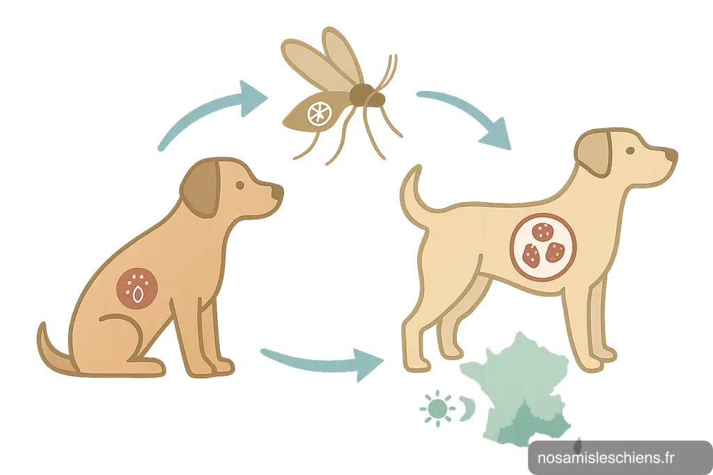 Schéma du cycle de transmission de la leishmaniose par le phlébotome vers le chien et carte des régions à risque