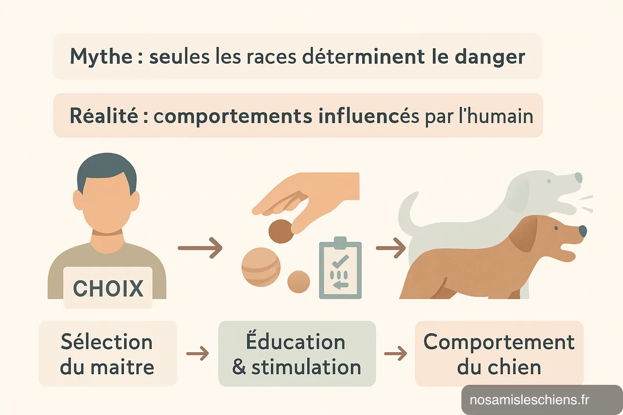 Schéma en trois blocs montrant : sélection du maître → éducation et stimulation → comportement du chien