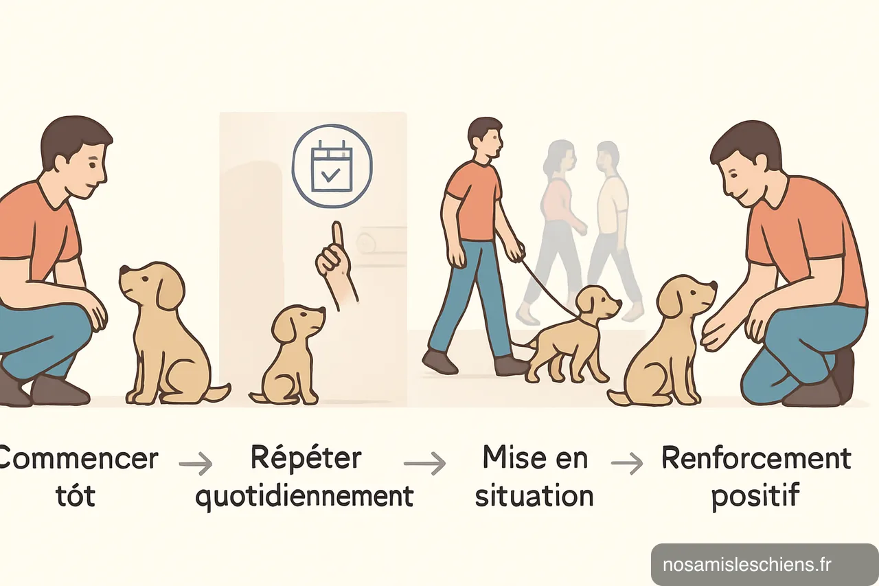 Schéma en 4 étapes montrant débuter tôt, répéter, mise en situation et récompense pour éduquer un chien