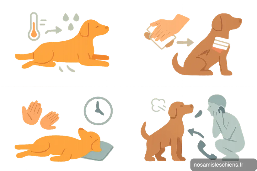 Quatre vignettes montrant gestes de premiers secours pour chien : rafraîchir, compresser une plaie, protéger la tête pendant une convulsion, appeler le vétérinaire en cas d'étouffement.