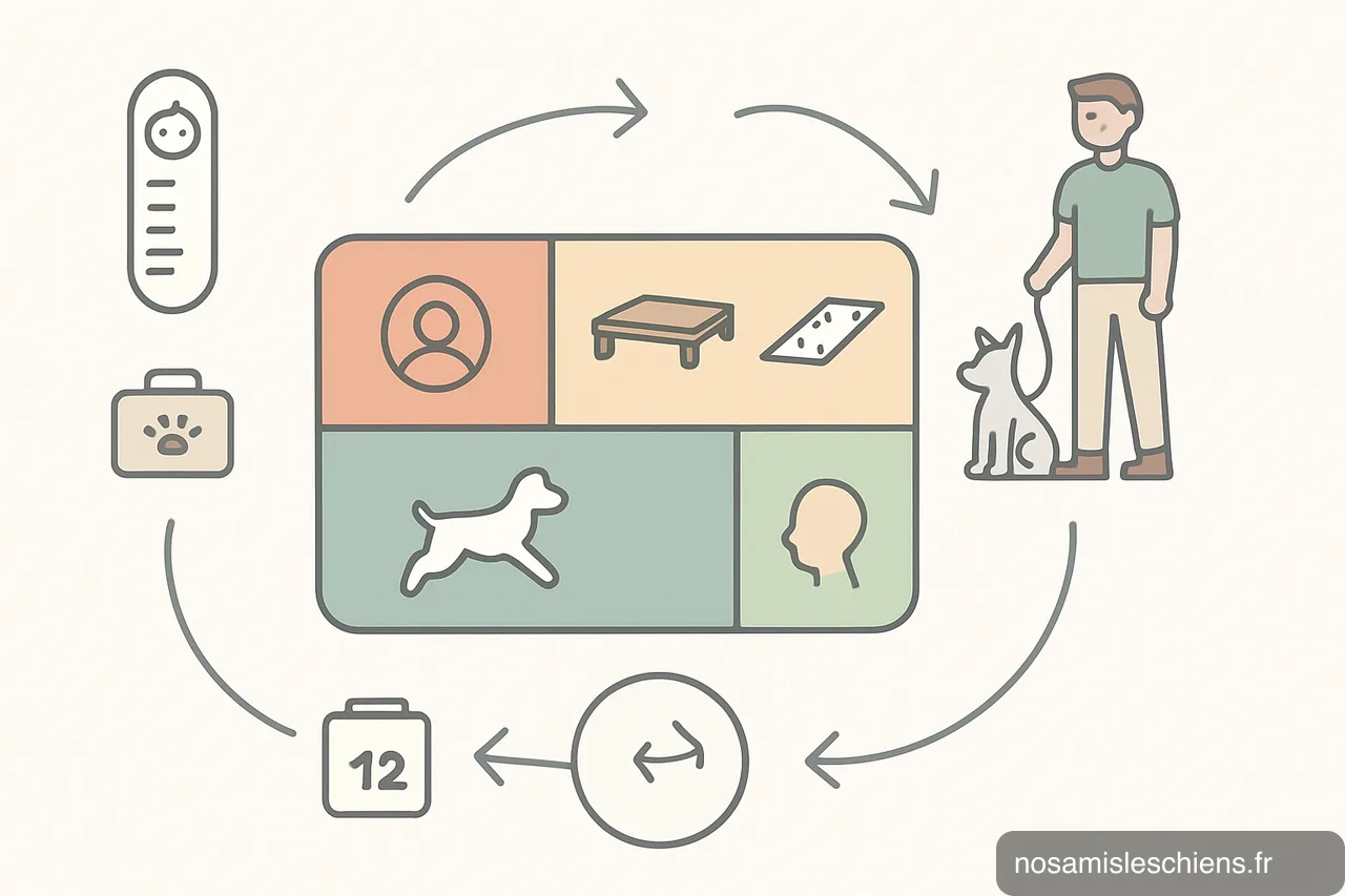 Schéma vectoriel montrant l'organisation d'une séance d'école des chiots avec zones, alternance travail/jeu et rôles