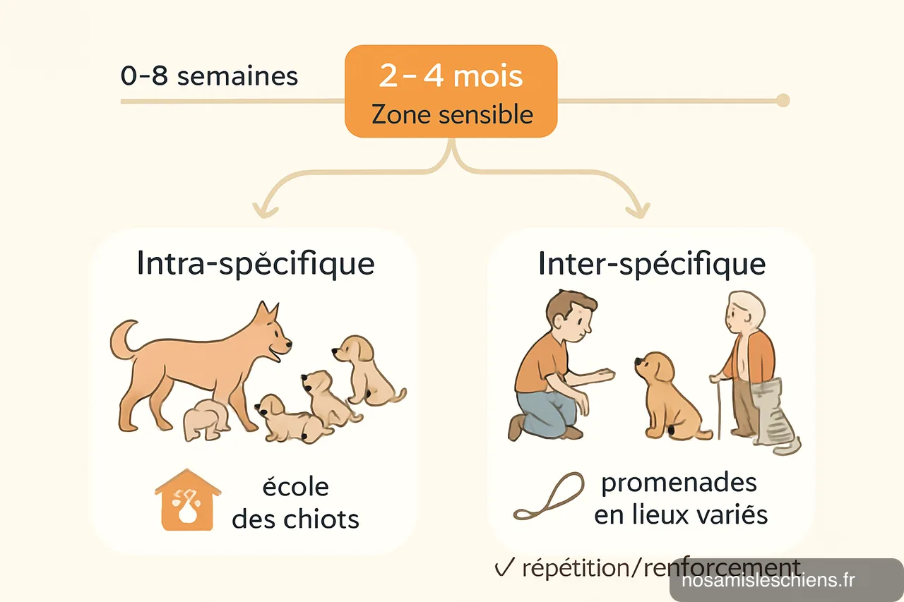 Schéma timeline montrant la période 0–8 semaines puis 2–4 mois avec branches Intra‑spécifique et Inter‑spécifique illustrées