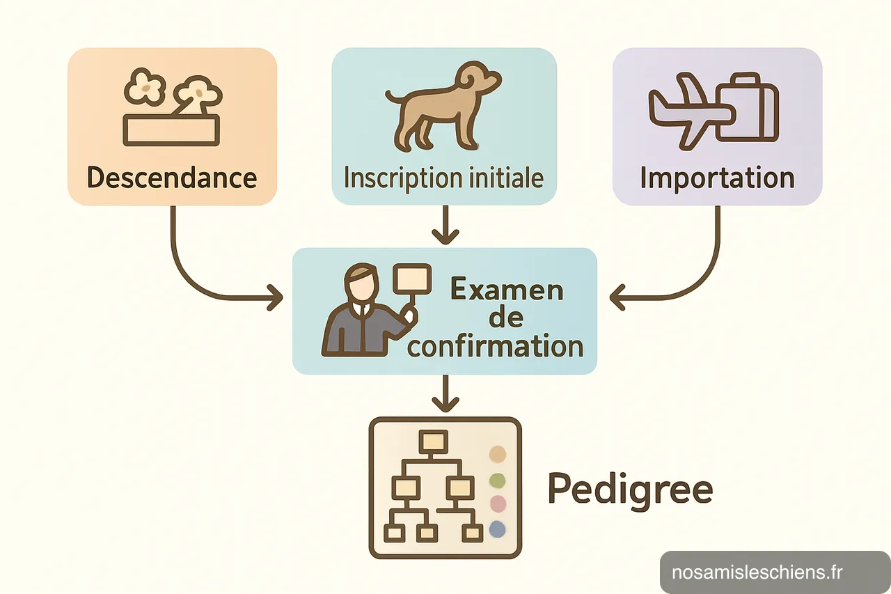 Schéma vectoriel montrant trois voies d'inscription (descendance, initiale, importation) convergeant vers l'examen de confirmation et l'obtention d'un pedigree 5 générations