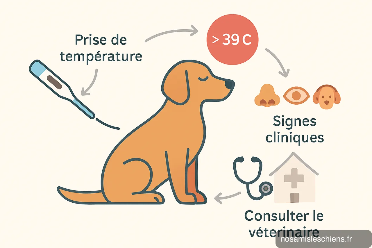 Schéma pédagogique montrant un chien entouré d'icônes : prise de température, seuil loading=
