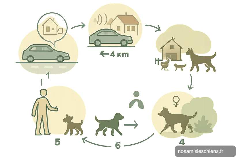 Schéma en vignettes montrant étape par étape la recherche d'un chien fugueur : secteur en voiture, écoute des aboiements, contrôle des fermes, lieux de chiens, rappel calme, affichage vétérinaire.