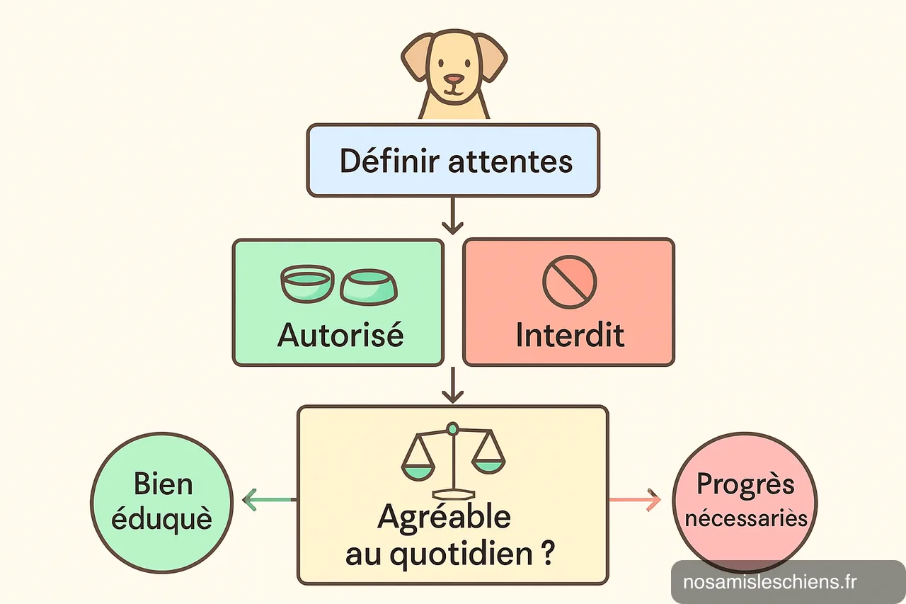Schéma flowchart montrant définition des attentes, séparation Autorisé/Interdit et évaluation si agréable au quotidien