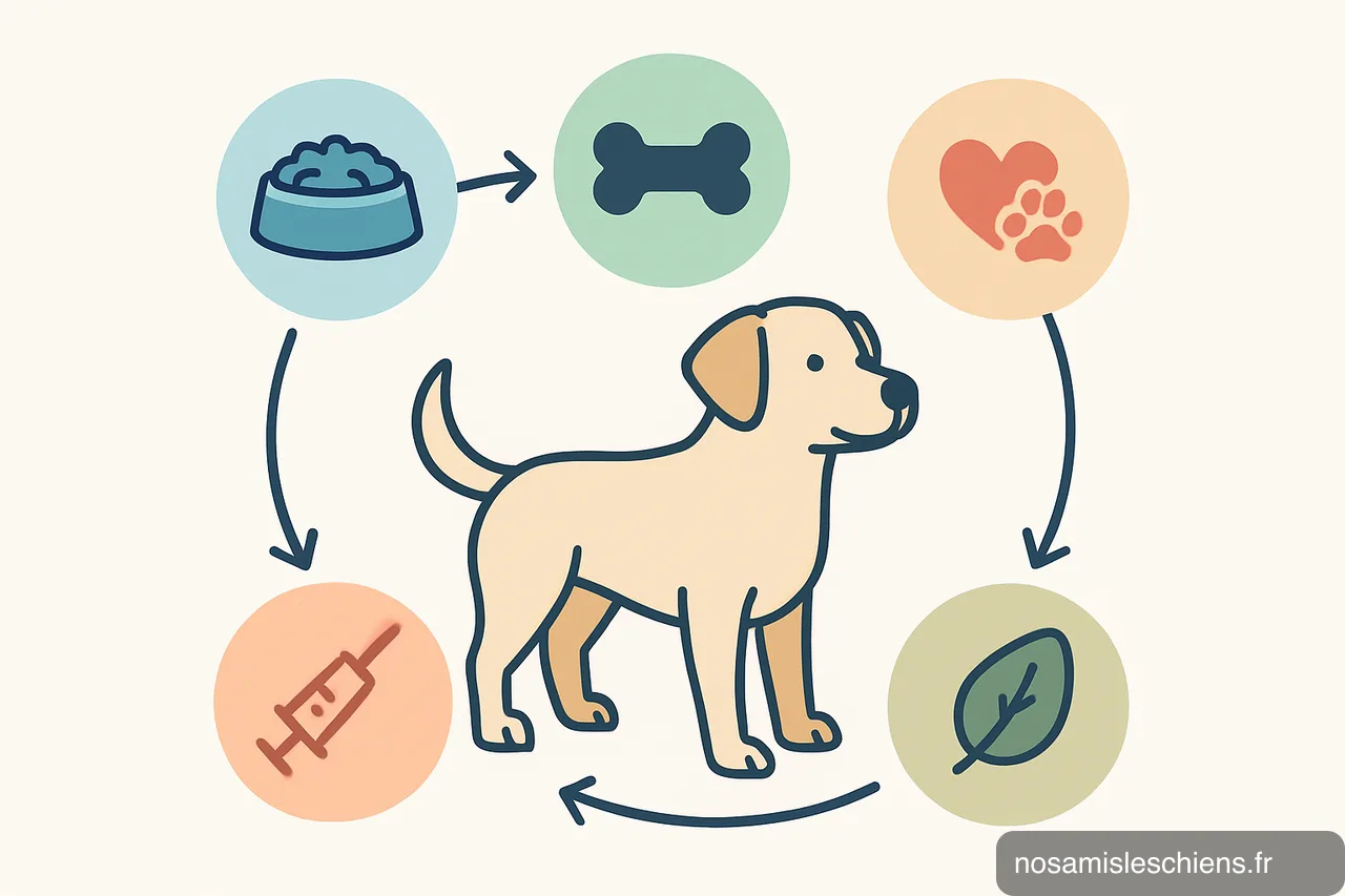 Schéma circulaire montrant un chien au centre relié à quatre causes possibles de léchage : santé, communication, stress, exploration.