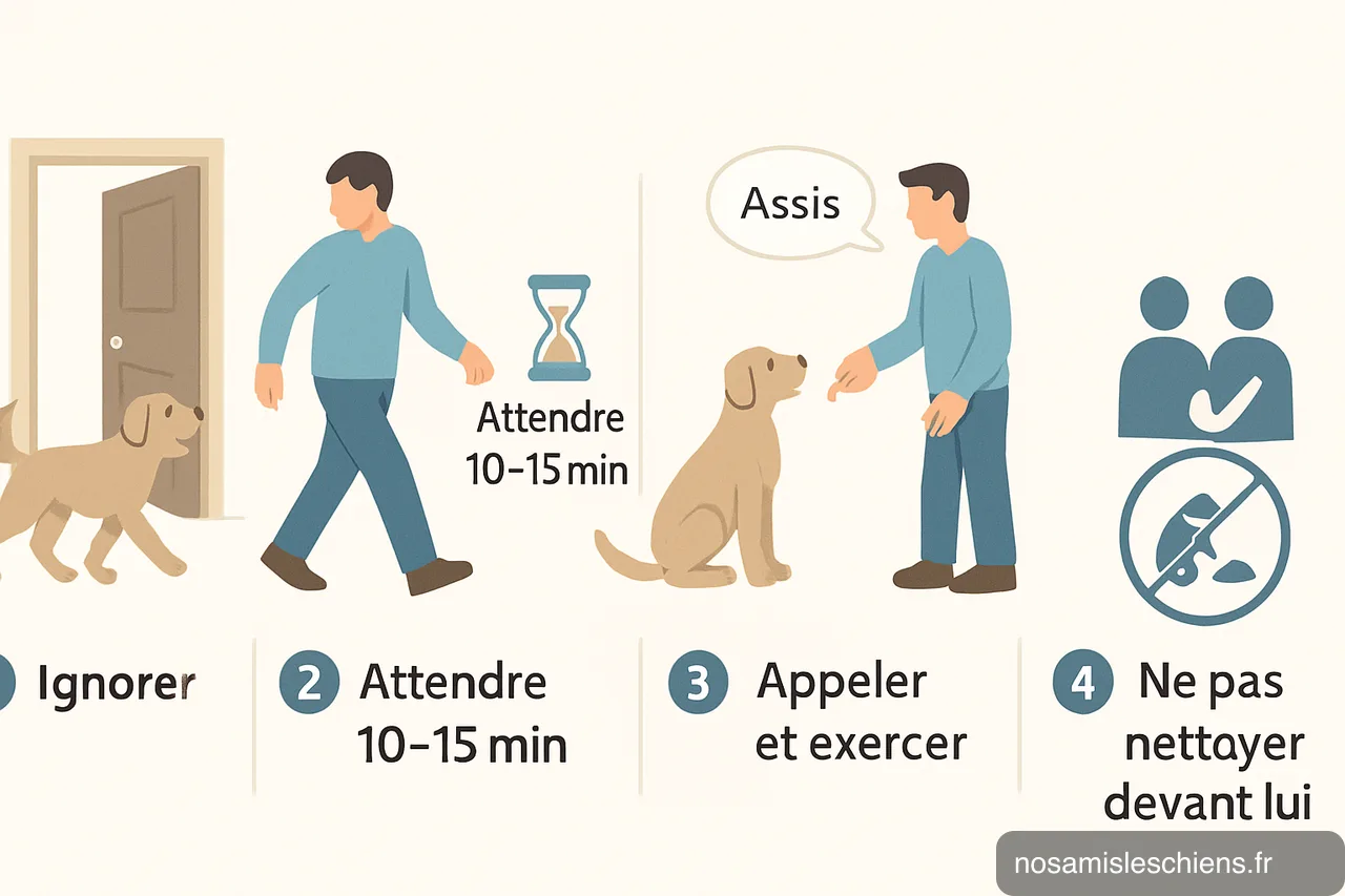 Schéma en 4 vignettes montrant les étapes : ignorer, attendre 10–15 min, appeler et exercer, ne pas nettoyer devant le chien