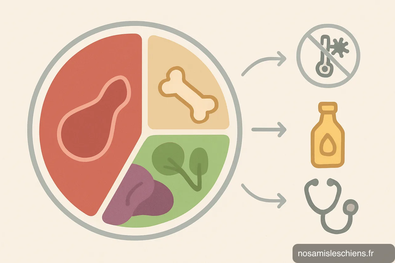 Schéma assiette montrant répartition des aliments BARF et icônes de précautions (hygiène, os, vétérinaire).
