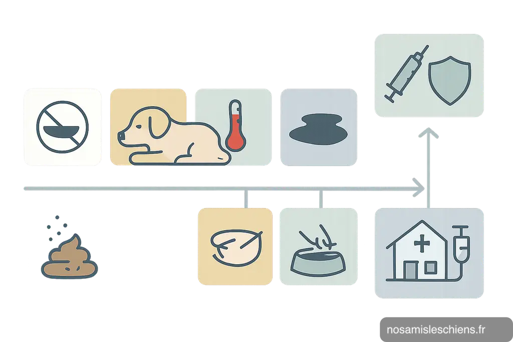 Schéma chronologique montrant transmission, incubation, 5 symptômes principaux et prévention/traitement de la parvovirose canine