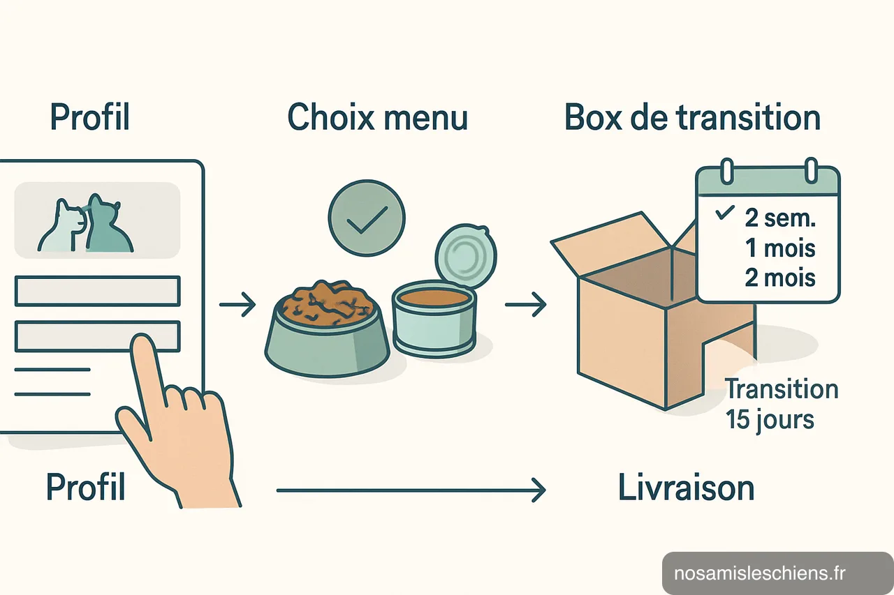 Schéma en 3 étapes montrant création du profil, choix du menu et box de transition avec calendrier