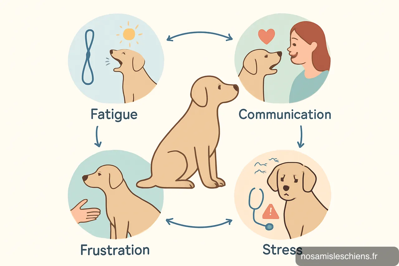 Schéma circulaire montrant un chien au centre et quatre causes du bâillement : fatigue, communication, stress, frustration.