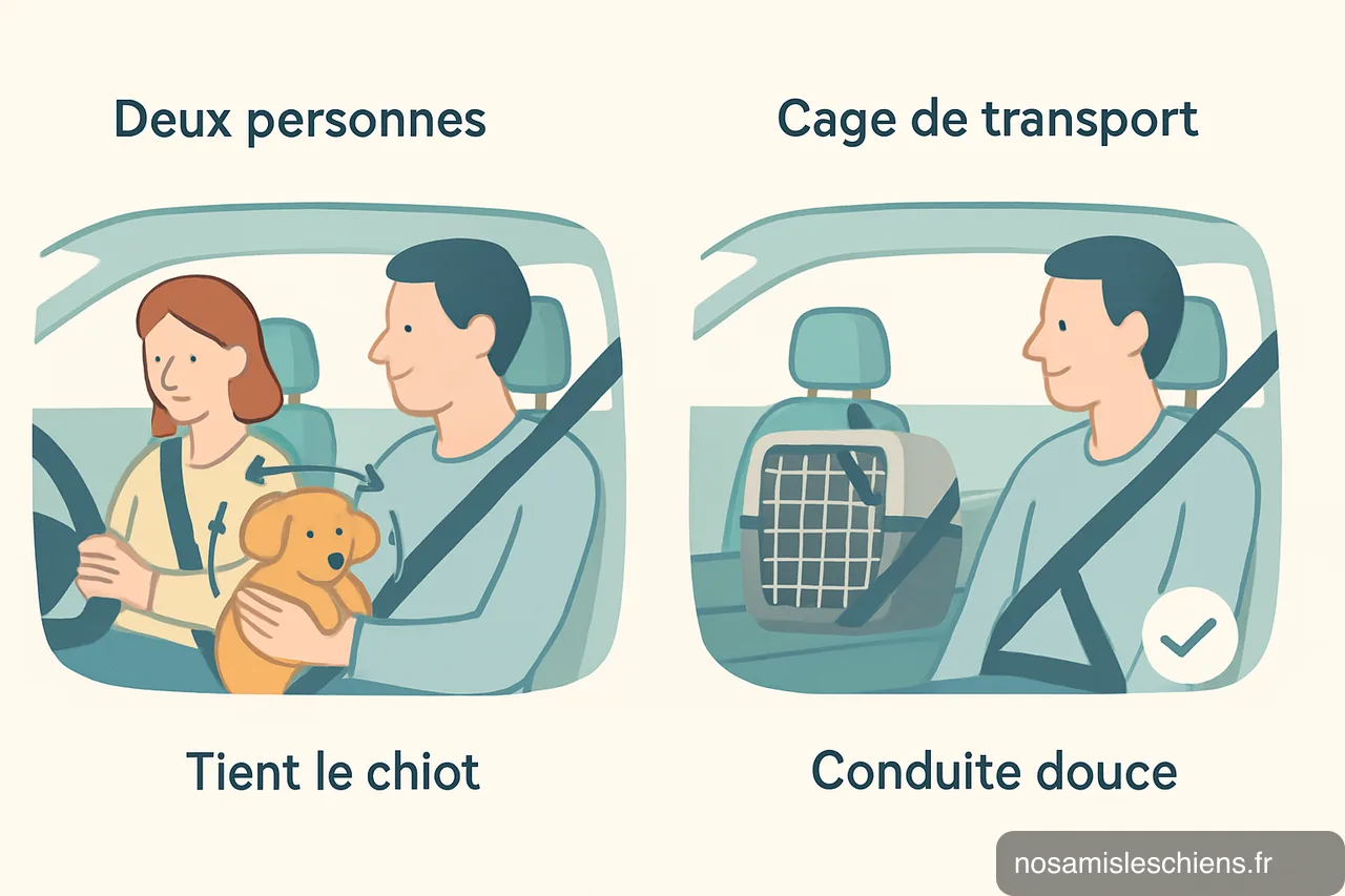 Schéma en deux vignettes montrant : tenir le chiot à deux et utiliser une cage solidement attachée seul