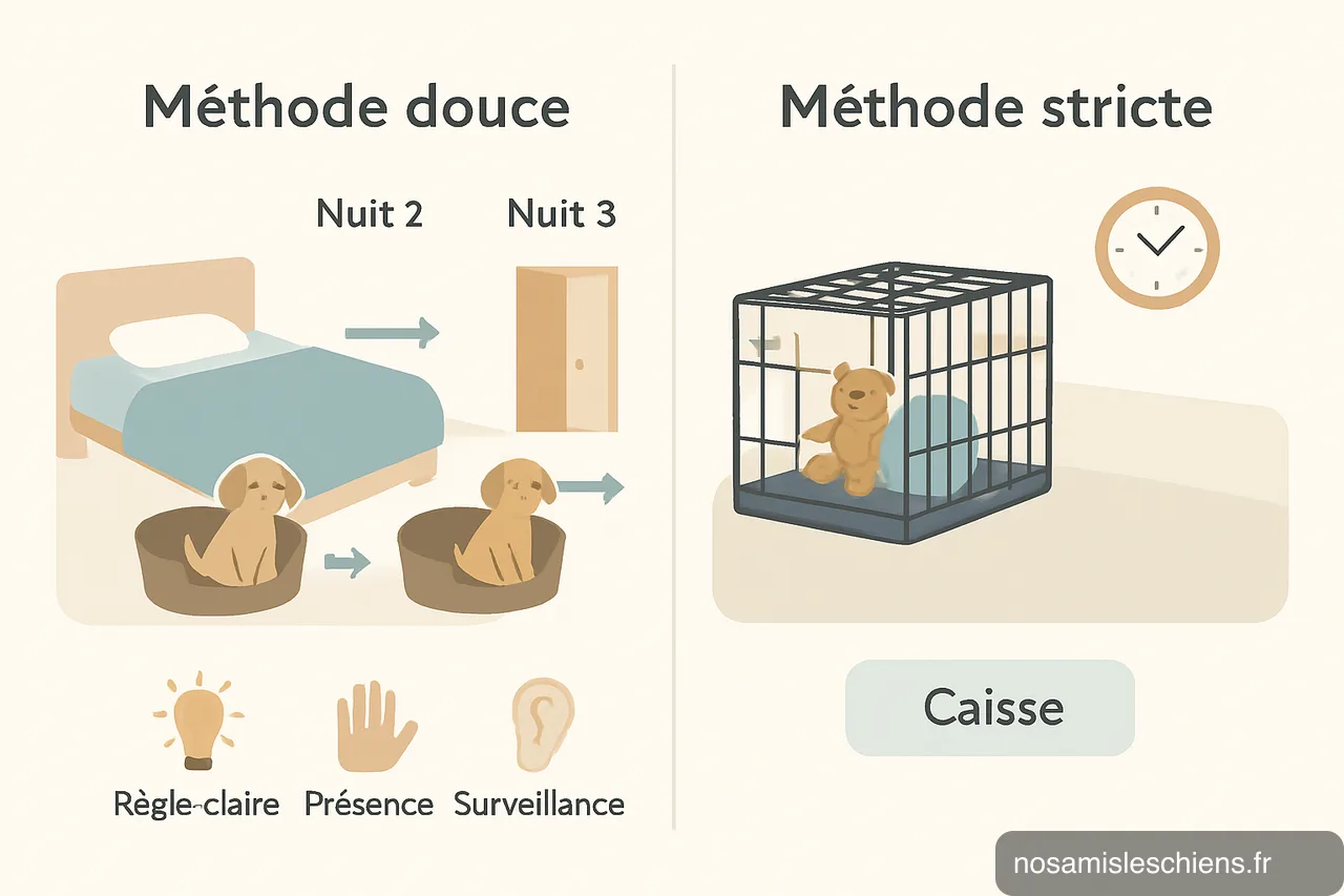 Schéma comparatif montrant progression du panier (nuit1→nuit3) et installation de la caisse avec peluche, bouillotte et horloge.