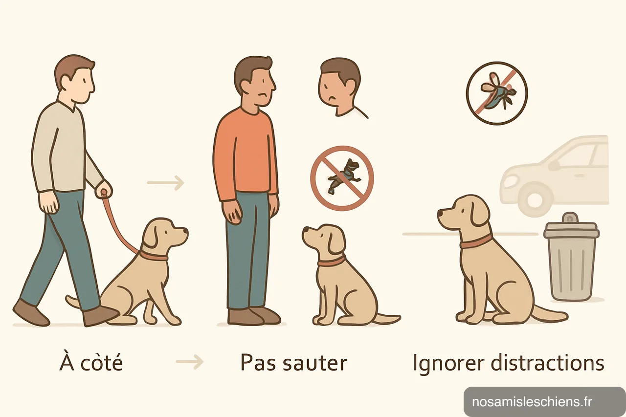 Schéma en trois vignettes montrant chien marchant au pied, ne sautant pas sur une personne et restant calme face aux distractions extérieures.