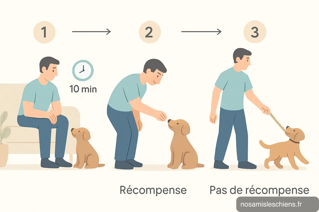 Schéma en 3 étapes : séance de 10 min, récompense pour bon comportement, retrait pour mauvais comportement