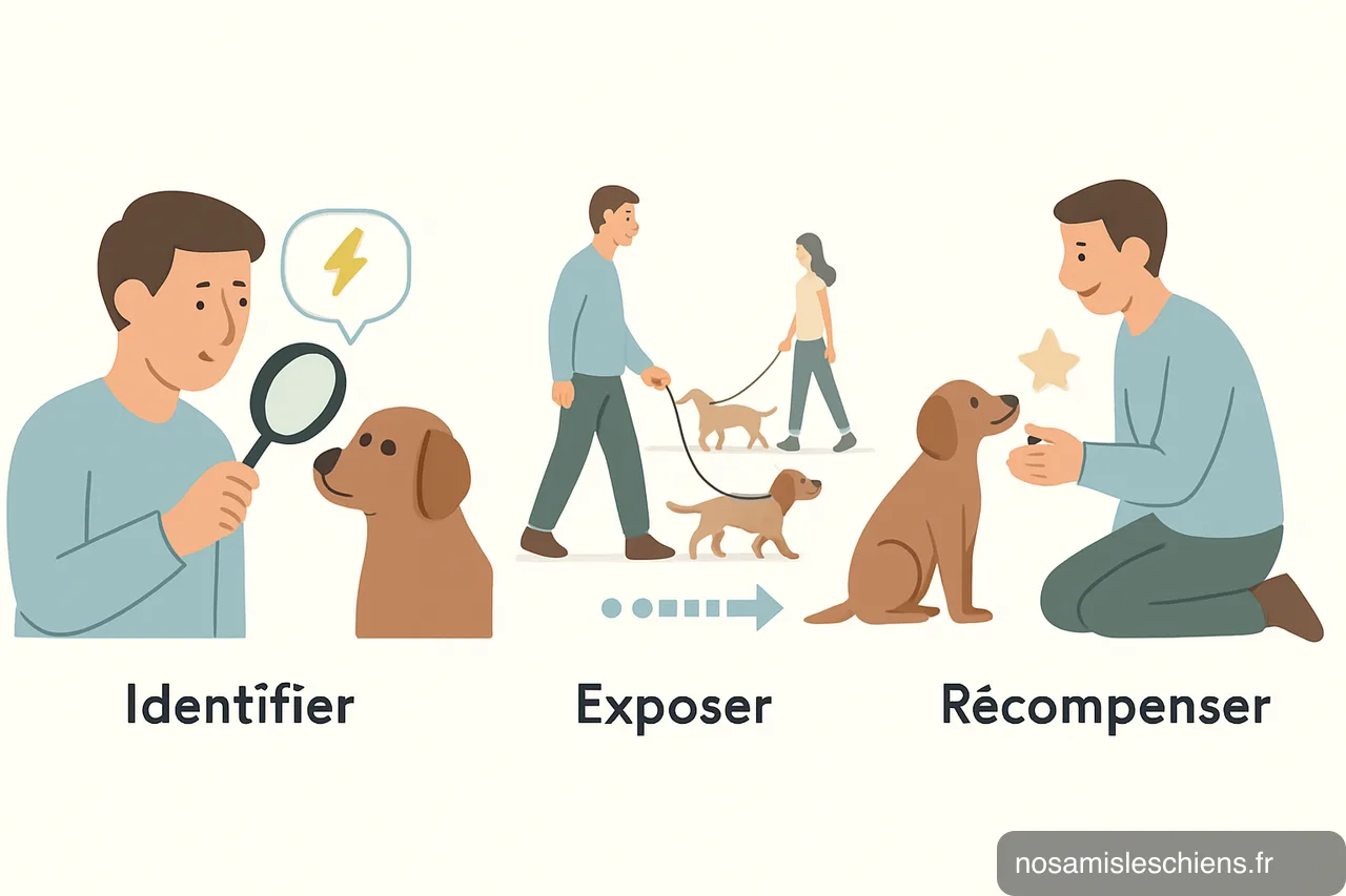 Schéma en trois étapes : identifier, exposer progressivement, récompenser le chien