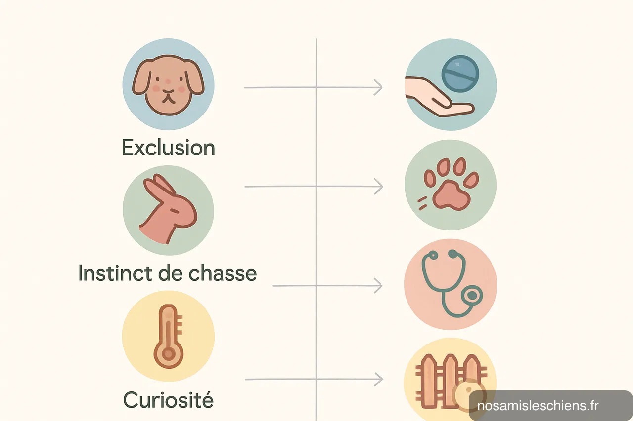 Schéma montrant quatre causes de fugue (Exclusion, Instinct de chasse, Chaleur, Curiosité) reliées par des flèches à quatre solutions illustrées.