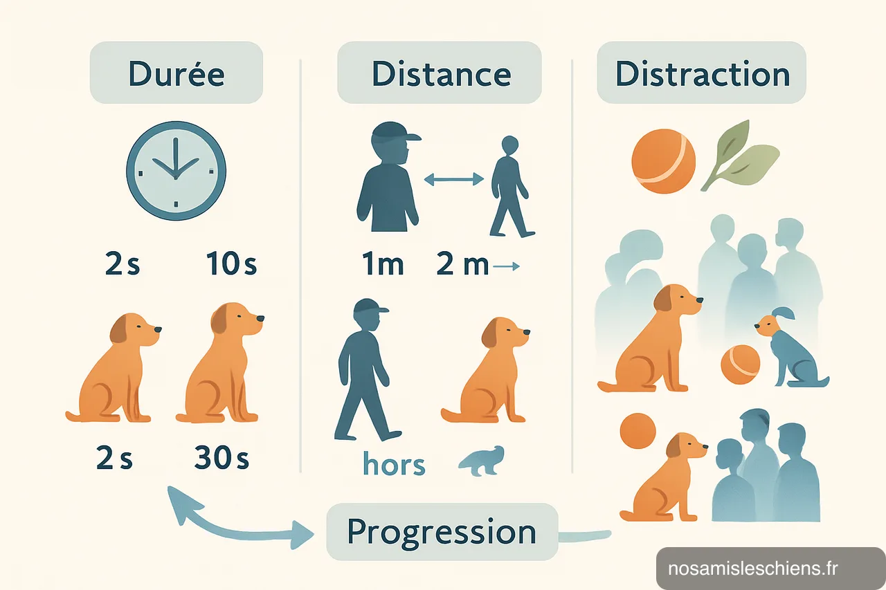 Schéma pédagogique en trois colonnes montrant Durée, Distance, Distraction pour l'entraînement du chien.