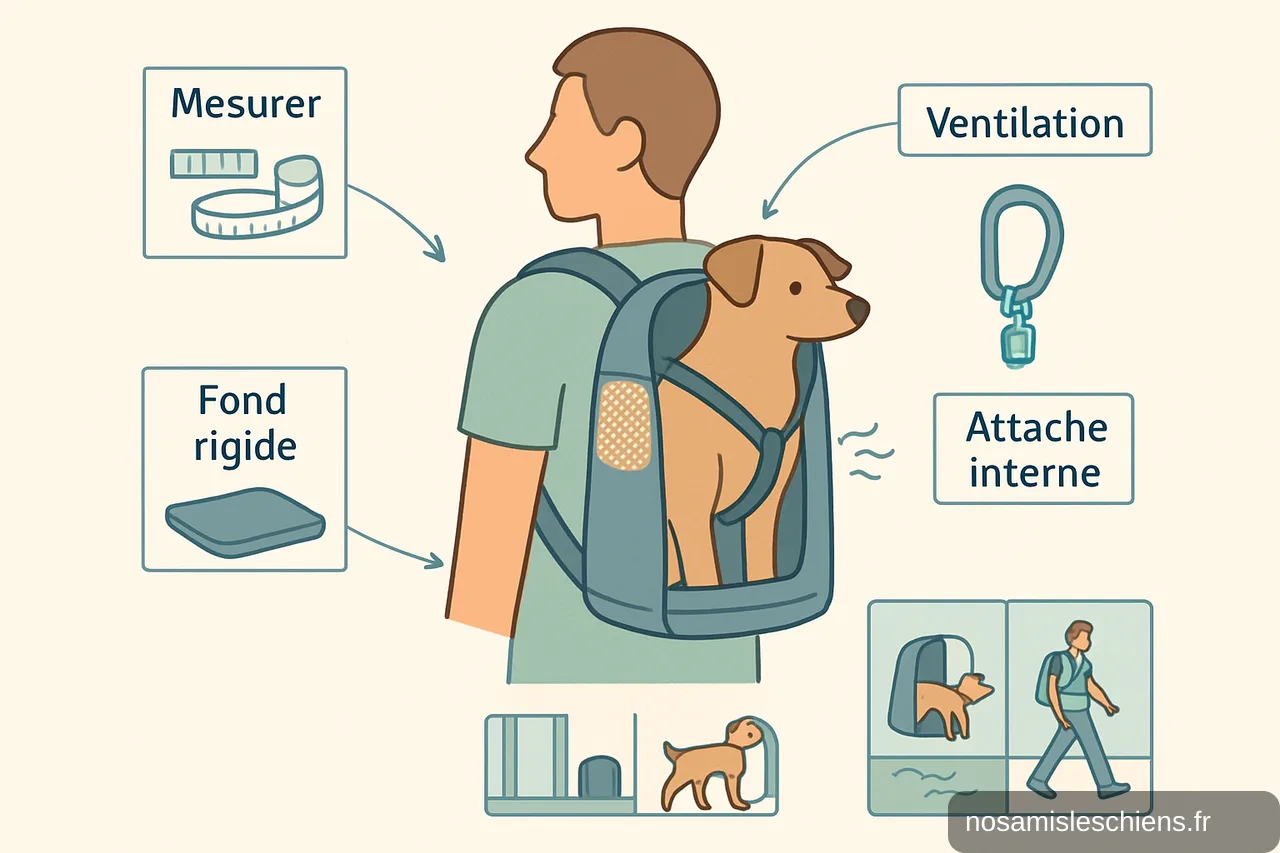 Schéma pédagogique montrant un chien dans un sac à dos avec appels vers mesurer, fond rigide, attache interne et ventilation et petite frise d'habituation.