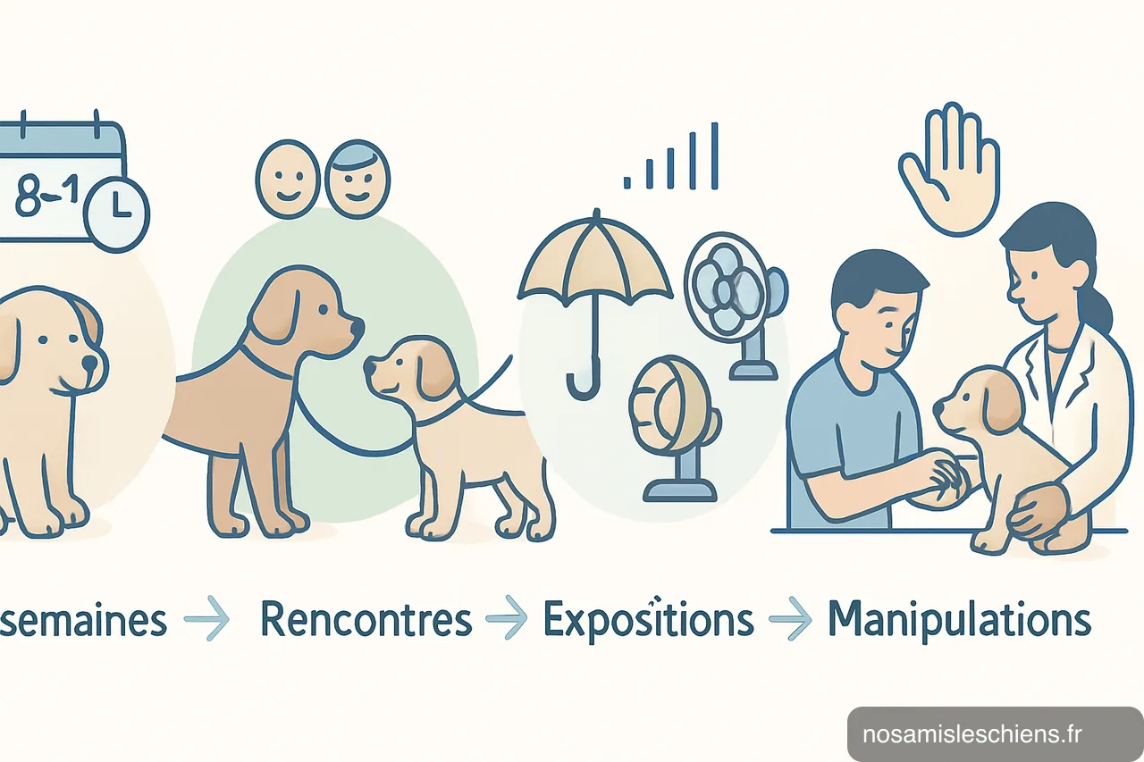 Schéma en 4 étapes illustrant la socialisation du chiot : période sensible, rencontres, exposition à bruits et manipulations.
