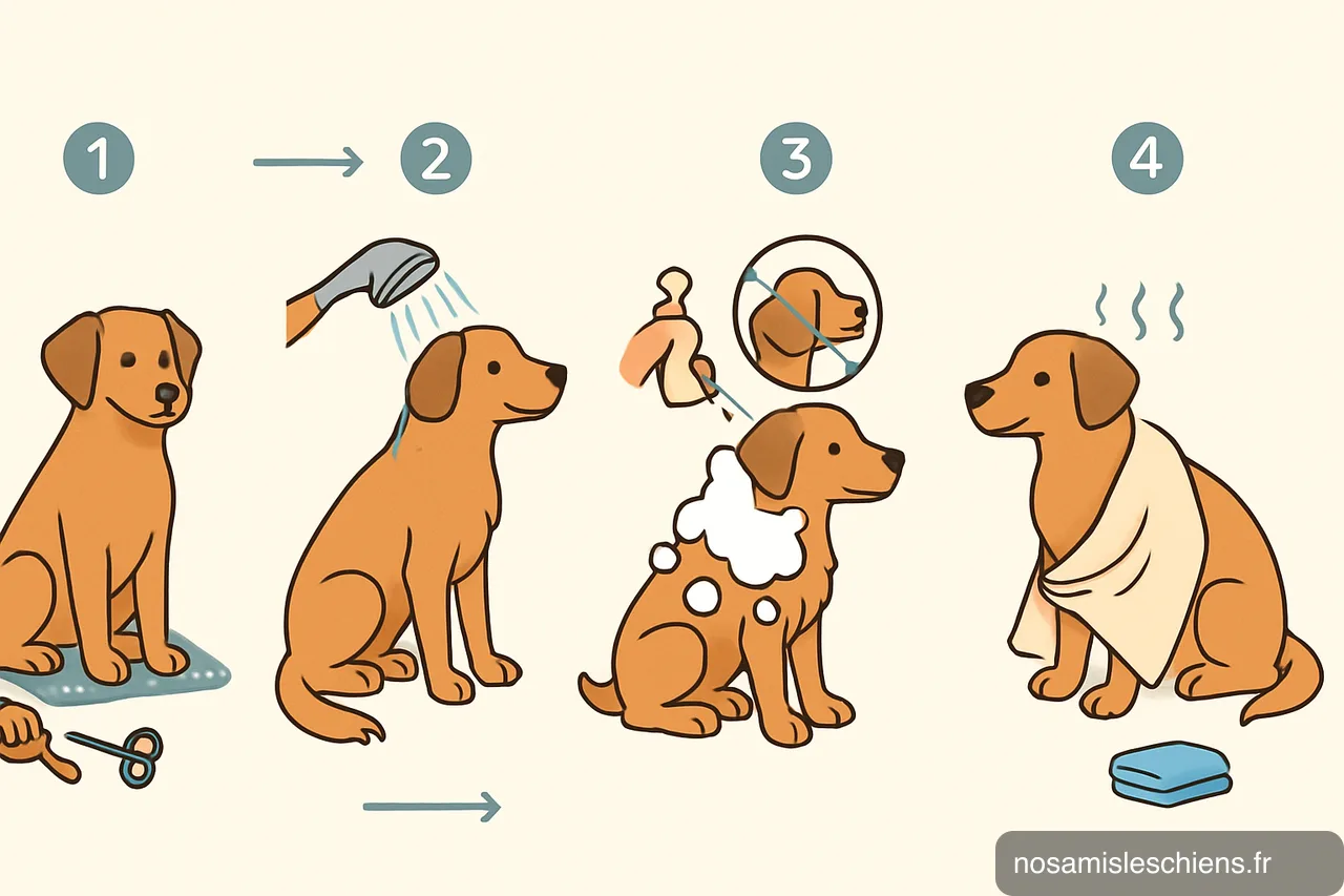Schéma en 4 vignettes montrant les étapes du bain du chien : brosser, mouiller, shampooing, rincer et sécher.