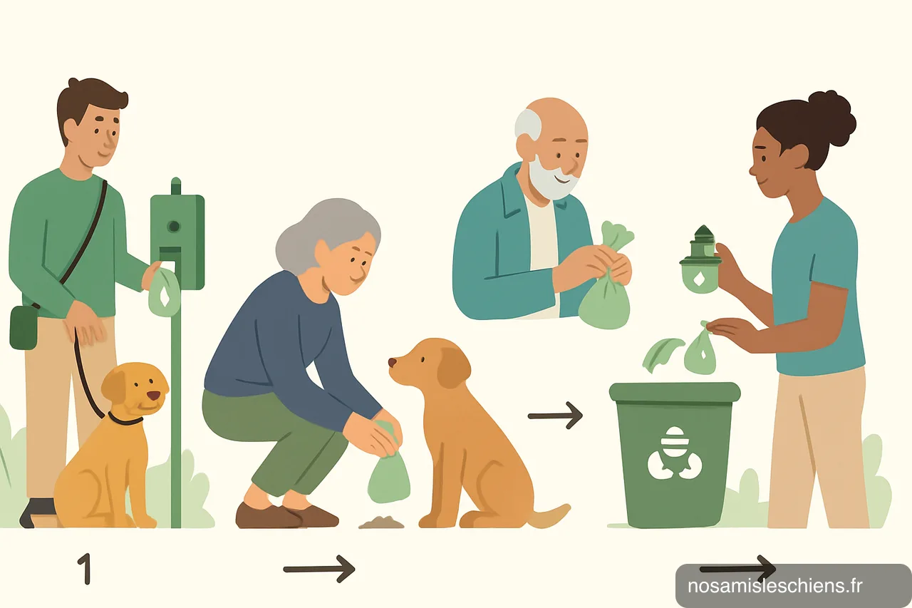 Schéma en 4 étapes montrant comment ramasser, fermer et jeter une déjection canine avec sac et poubelle.