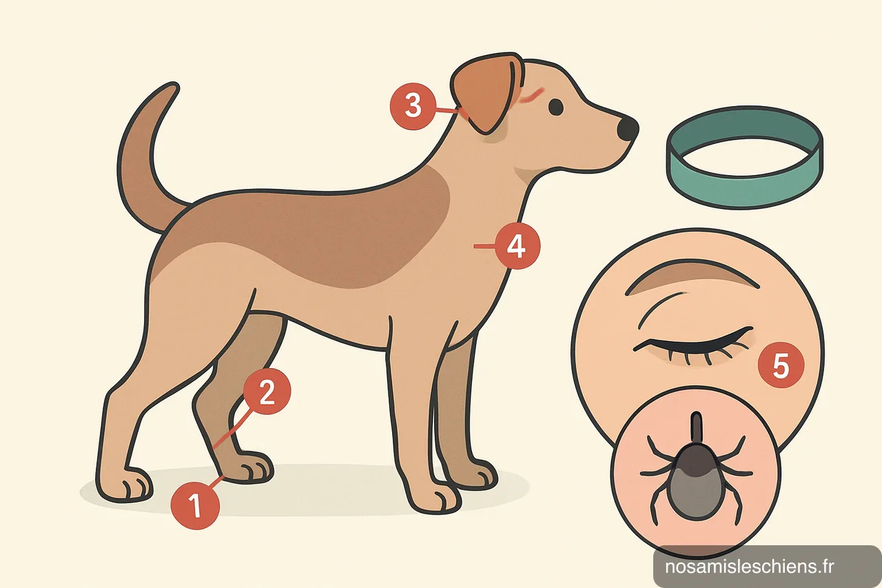 Schéma pédagogique d’un chien avec cinq repères indiquant l’aine, entre les orteils, les oreilles, sous le collier et un zoom sur une tique sur la paupière.