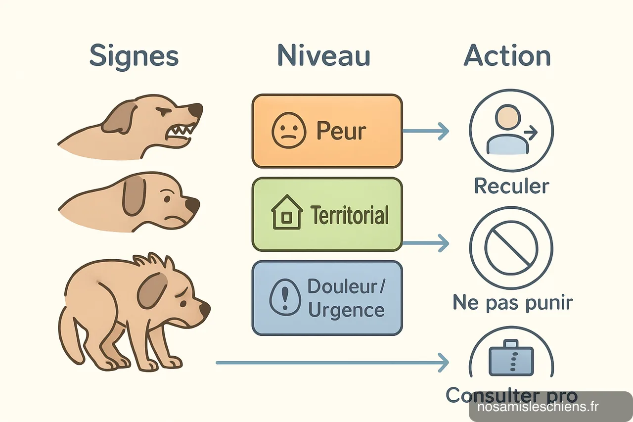Schéma montrant signes d'agressivité du chien, niveaux et actions recommandées