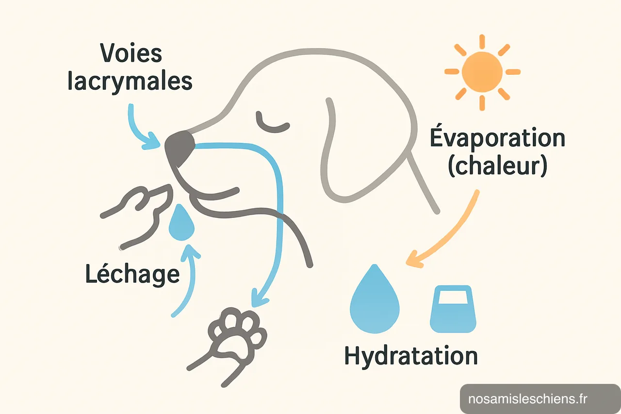 Schéma pédagogique montrant voies lacrymales vers la truffe, léchage, évaporation par chaleur et apport d’eau