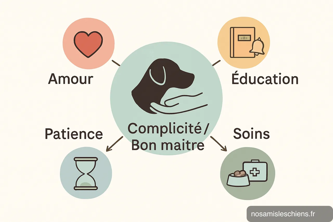 Diagramme vectoriel montrant Amour, Éducation, Soins et Patience convergeant vers la complicité maître‑chien