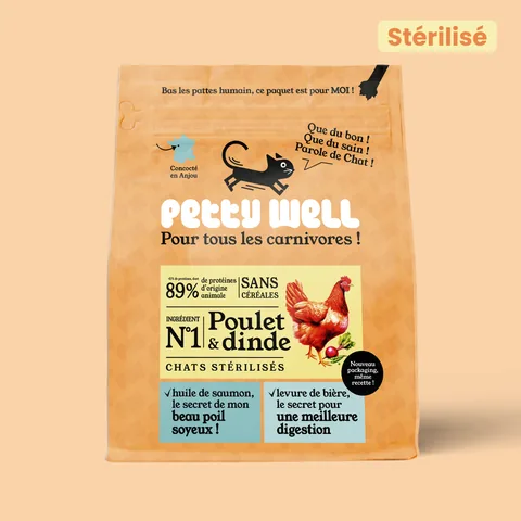 Sac de croquettes Petty Well Poulet et dinde sans céréales pour chat stérilisé