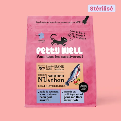 Sac de croquettes Petty Well Saumon et thon sans céréales pour chat stérilisé